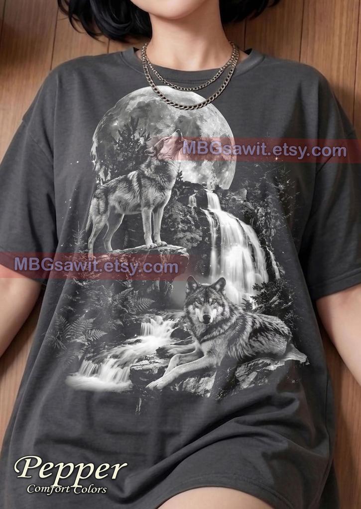 Wolves Howling Wolf Full Moon Nature Wildlife Comfort Colors® Tshirt, Waterfall Forest Wilderness Spirit Animal Vintage Bootleg Tee
