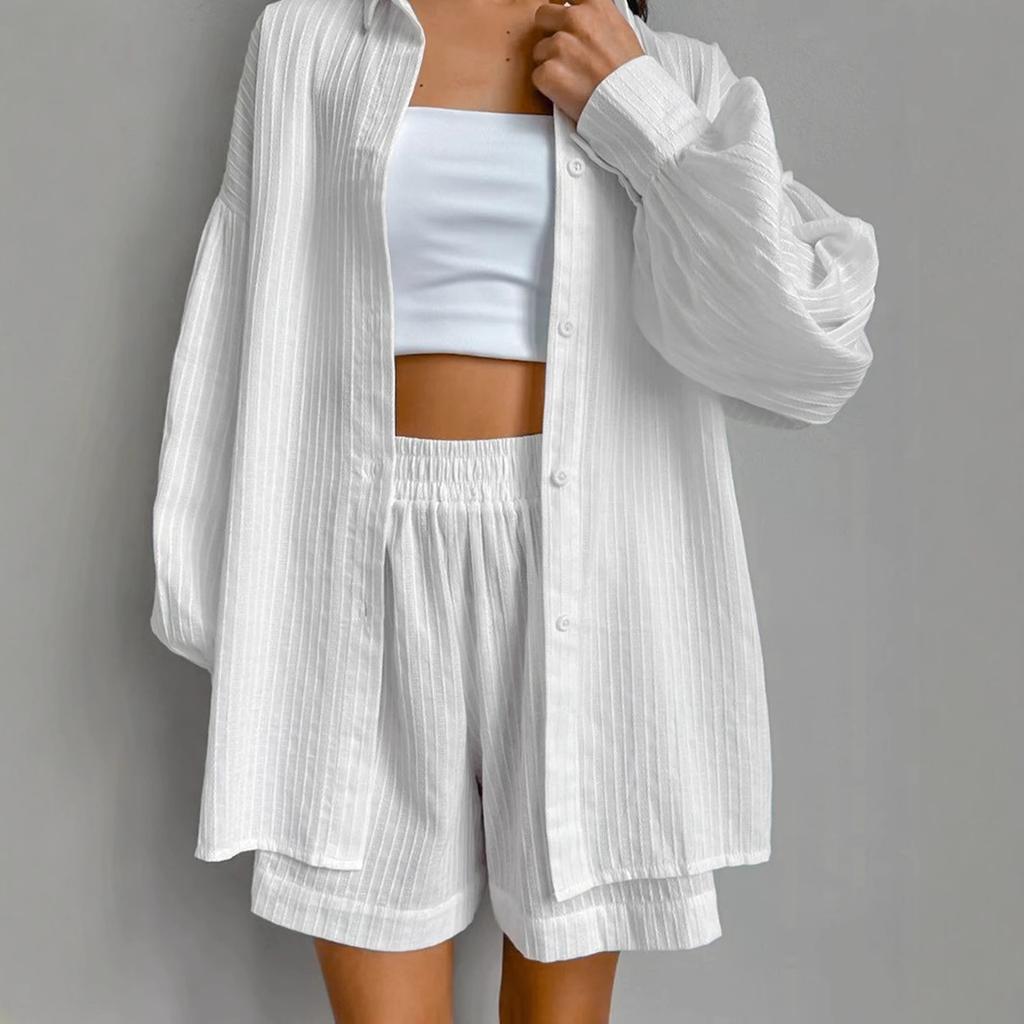 1116 Spring Design Sense White Cotton Jacquard Suit Women's Loose Lantern Sleeve Shirt Shorts Two-piece Women's Clothing
