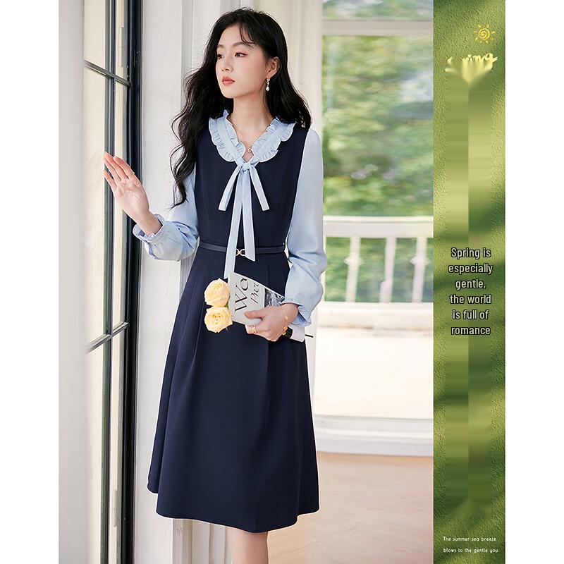 Women s Bow Tie A-Line Long Sleeve Midi Dress S