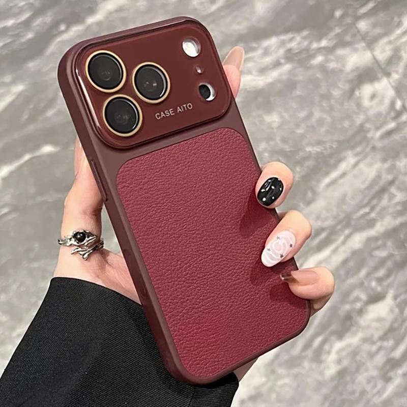 

Fashion Lichee Pattern Leather Phone Cases For iPhone 17 16 15 14 13 Pro Max 17Pro Glass Lens Protective Shockproof Matte Cover For iPhone 17Pro Max