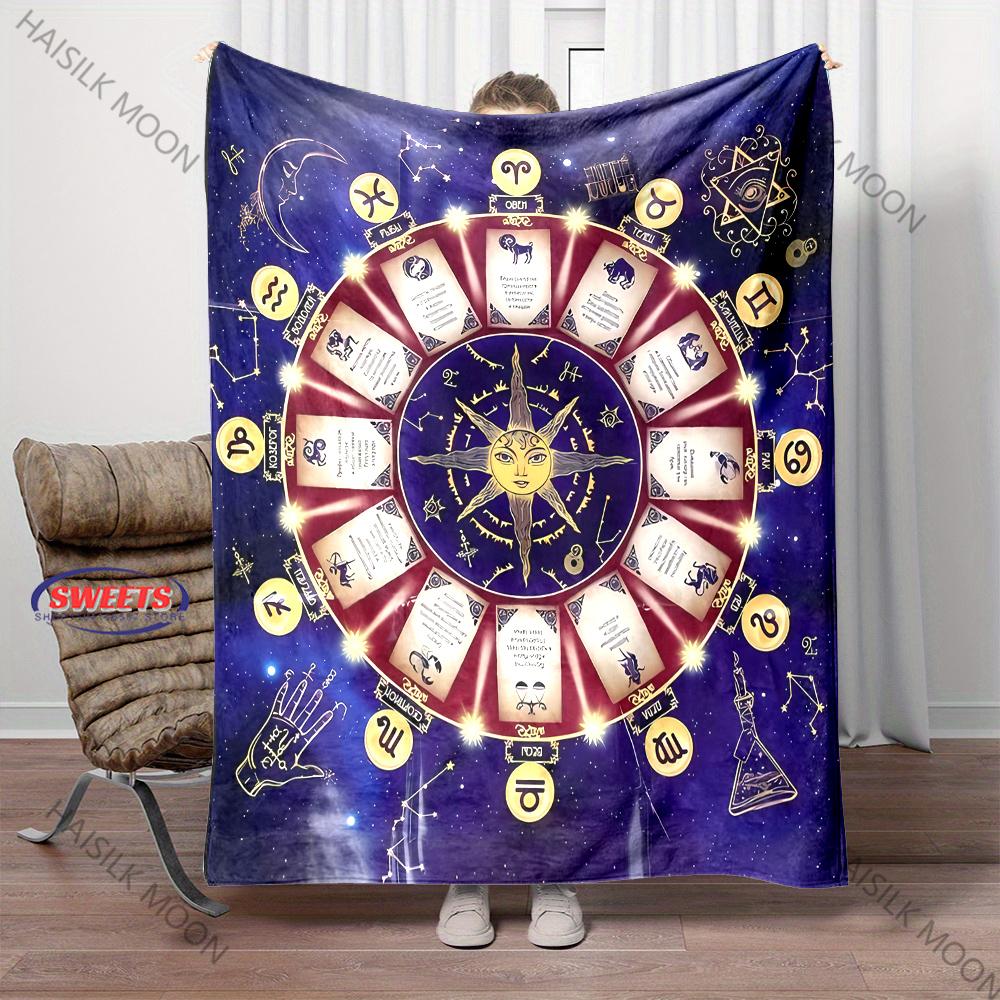 12 Zodiac Card Printed Blanket - Super Soft Bedding Divination Tarot Pattern Lightweight Home Four Season Throw & Shawl Blanket