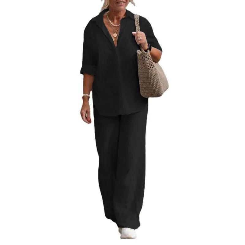 2024 Women's European & American Two-Piece Set - Lapel Long-Sleeve Shirt & Wide-Leg Pants, Spring/Autumn Casual Wear