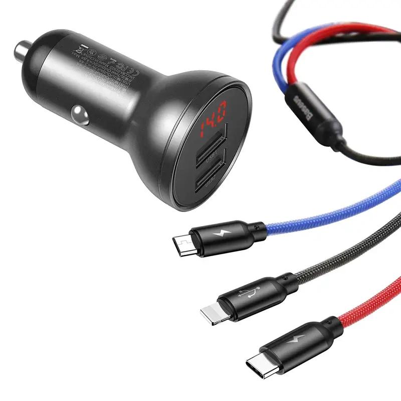 Ładowarka Samochodowa Baseus Z Wyświetlaczem 24W + Kabel Usb 3W1 Baseus Three Primary Colors 1,2M