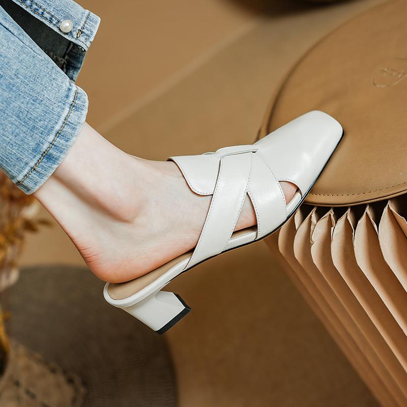 Fashion 2024 Summer Women Mules Genuine Leather Women Shoes Square Toe High Heel Slippers Cover Toe Slingback Sandals Embroidery Shoes