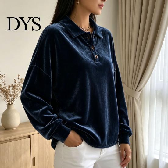 Lady Pullover Shirt Women Velvet Shirt, 3-Button Collared Casual Blouse, Solid Color Loose Long Sleeve Top for Daily Wear Work