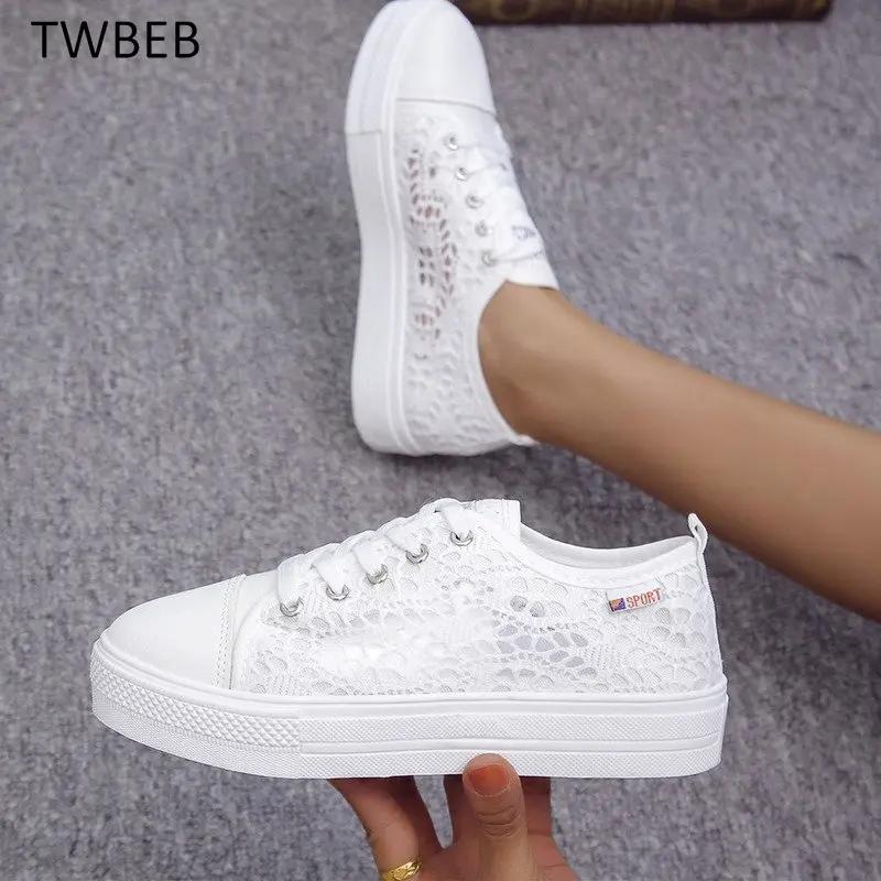 Women Shoes 2025 Fashion Summer Casual White Shoes Cutouts Lace Canvas Hollow Breathable Platform Flat Sneakers Zapatillas Mujer
