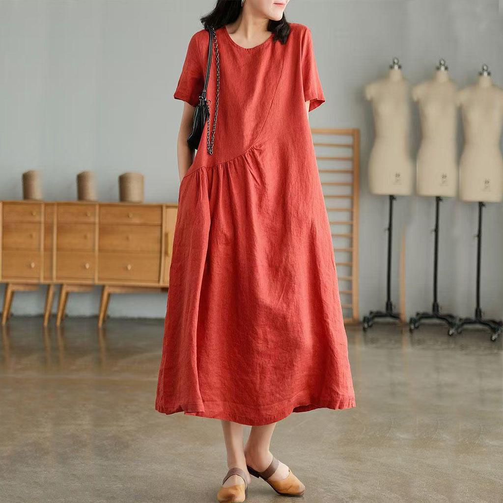 Japanese Women's Loose-Fit Cotton & Linen Irregular Hem Dress