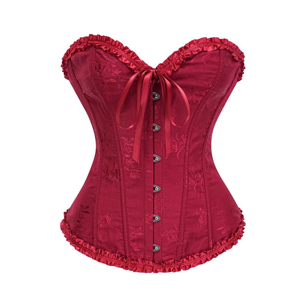 Women's Sweetheart Strapless Corset Top Slim Fit V Neck Ruffle Trim Jacquard Lace Up Bustier Vintage Court Waist Trainer Shapewear