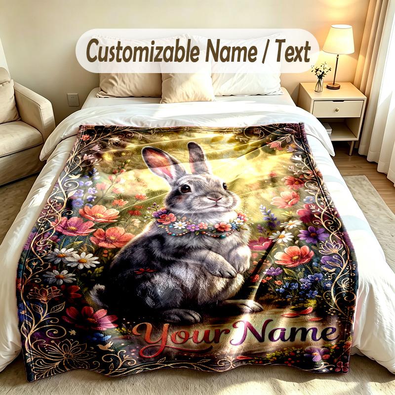 Easter Bunny Theme Soft Blanket Personalized Custom Name Text Print Warm Blanket Home Sofa Bedroom Decor