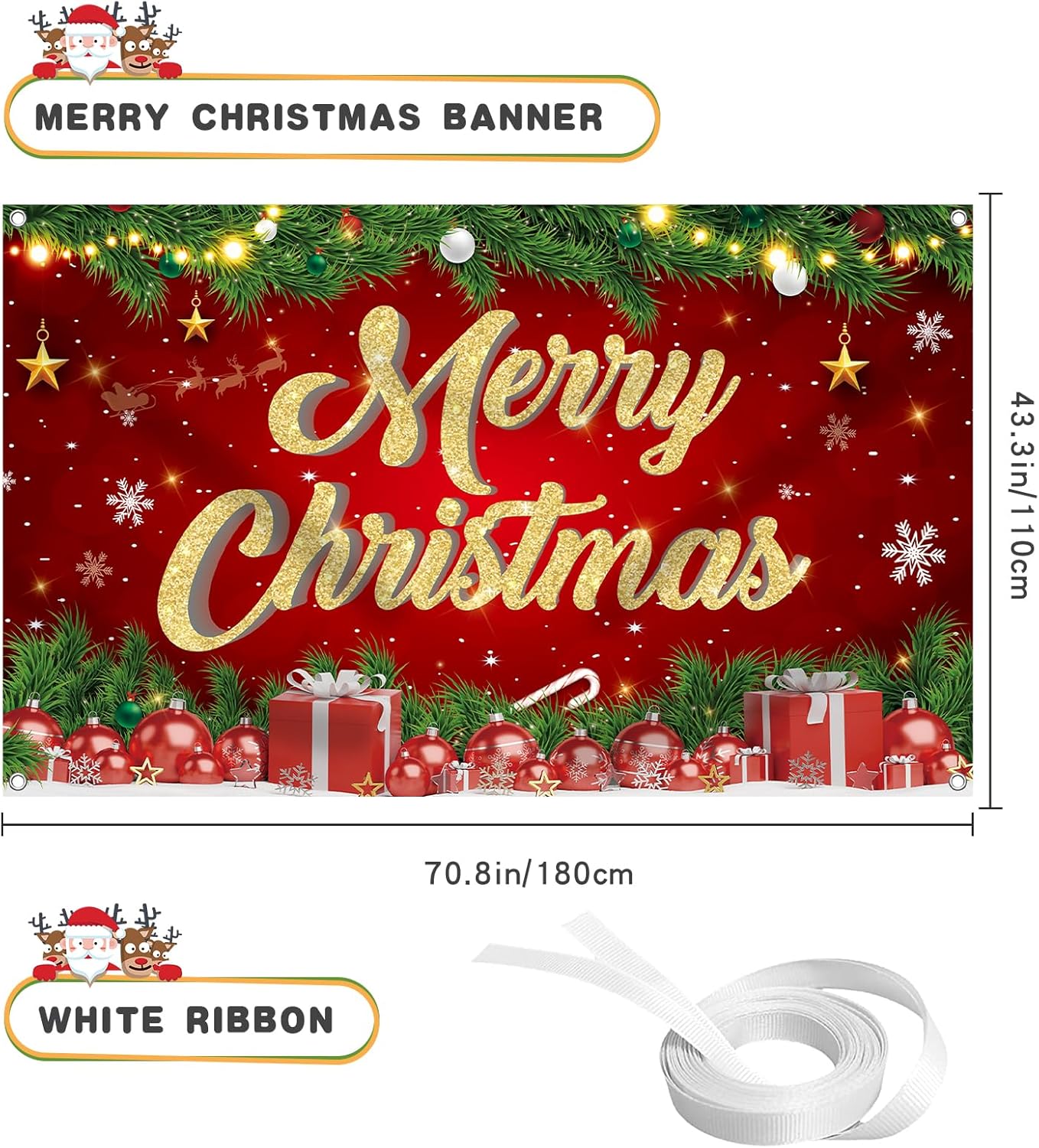 

Large Merry Christmas Banner - 72x44 Inch Christmas Backdrop for Parties, Gatherings, Photo Shoots & Holiday Decor красный