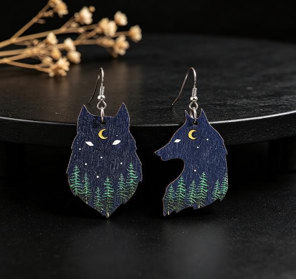 Vintage Cross Earrings: Two-Tone Carved Wolf Design