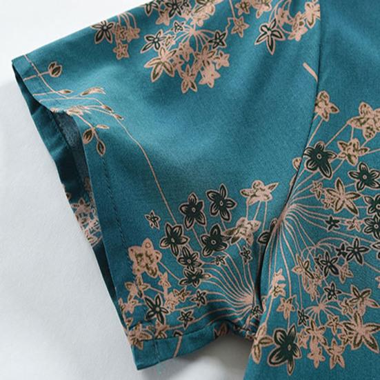 2Pcs/Set Women Pajamas Set Floral Print Short Sleeve Elastic Waist Wide Leg Pleated Trousers T-shirt Pants Set Mid-aged Grandmother Homewear Set