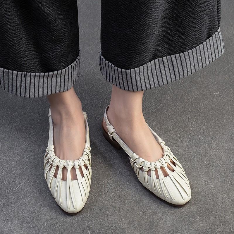 Johnature Gewebte, ausgehöhlte römische Sandalen mit niedrigem Absatz, echtes Leder, weiche Sohle, lässige, vielseitige Damenschuhe