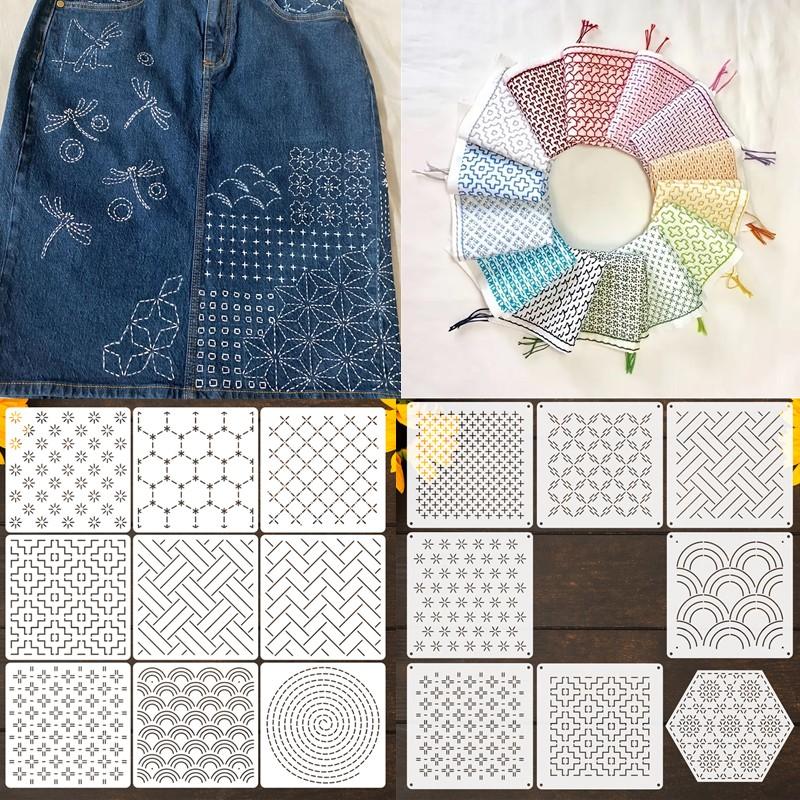 8/9/24/32Pcs Sashiko Embroidery Templates Reusable Pet Sewing Stencils Diy Embroidery Patterns Geometric Line Quilting Template