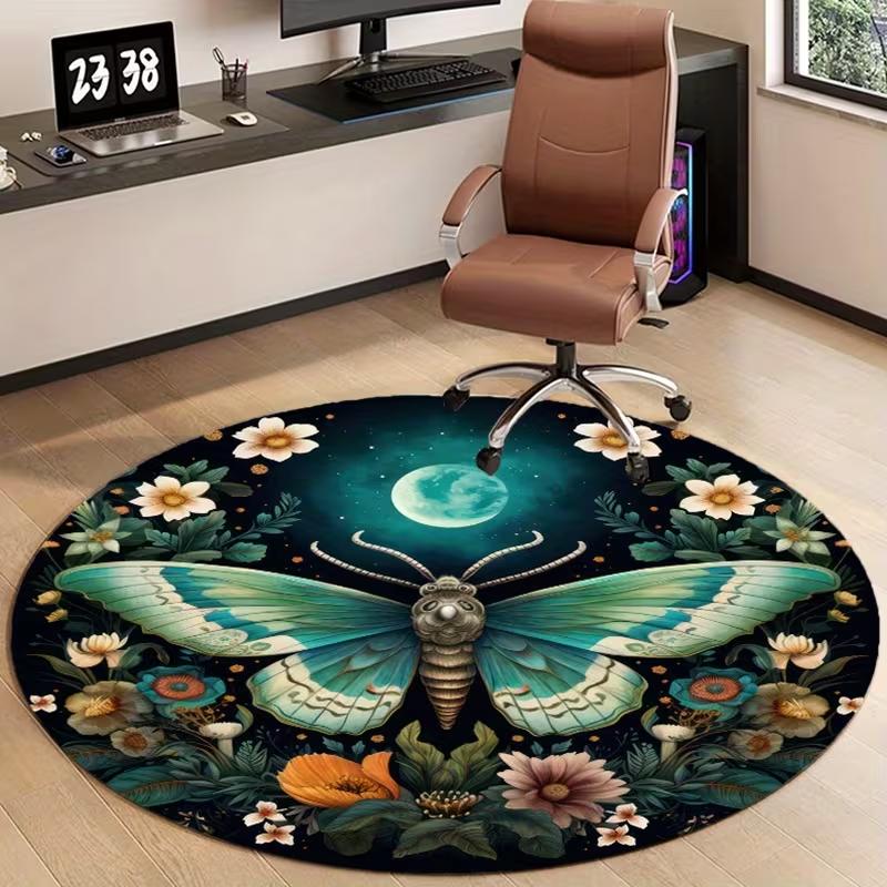 Celestial Blue Butterfly Moon Phase Round Area Rug Mystical Starry Sky Astrology Mat Soft Non-Slip Boho Carpet for Living Room