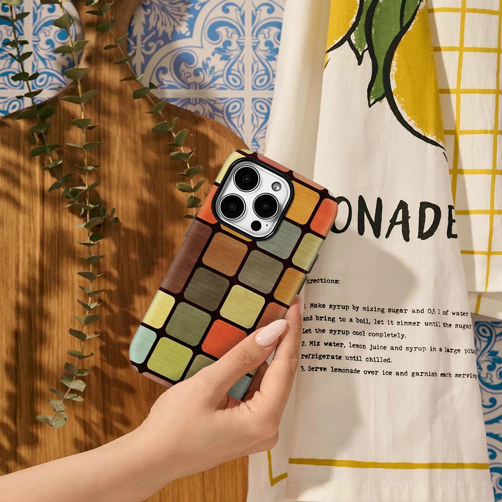 Color Block Mosaic Retro Mod Phone Case for IPhone 17AIR 16E 16 15 14 13 12 11 17 Pro Max Plus Double-layer Back Cover