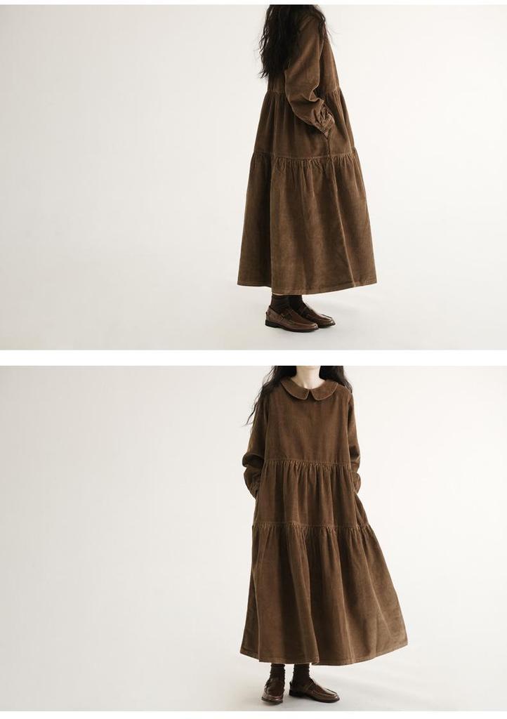 Japanese Style Corduroy Doll Collar Autumn A-Line Long-Sleeve Dress