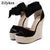 Fashion EilyKen Summer Butterfly-Knot Open Toe Women Sandals Fashion Solid Platform High Heel Wedge Shoes Ankle Lace-up Pumps