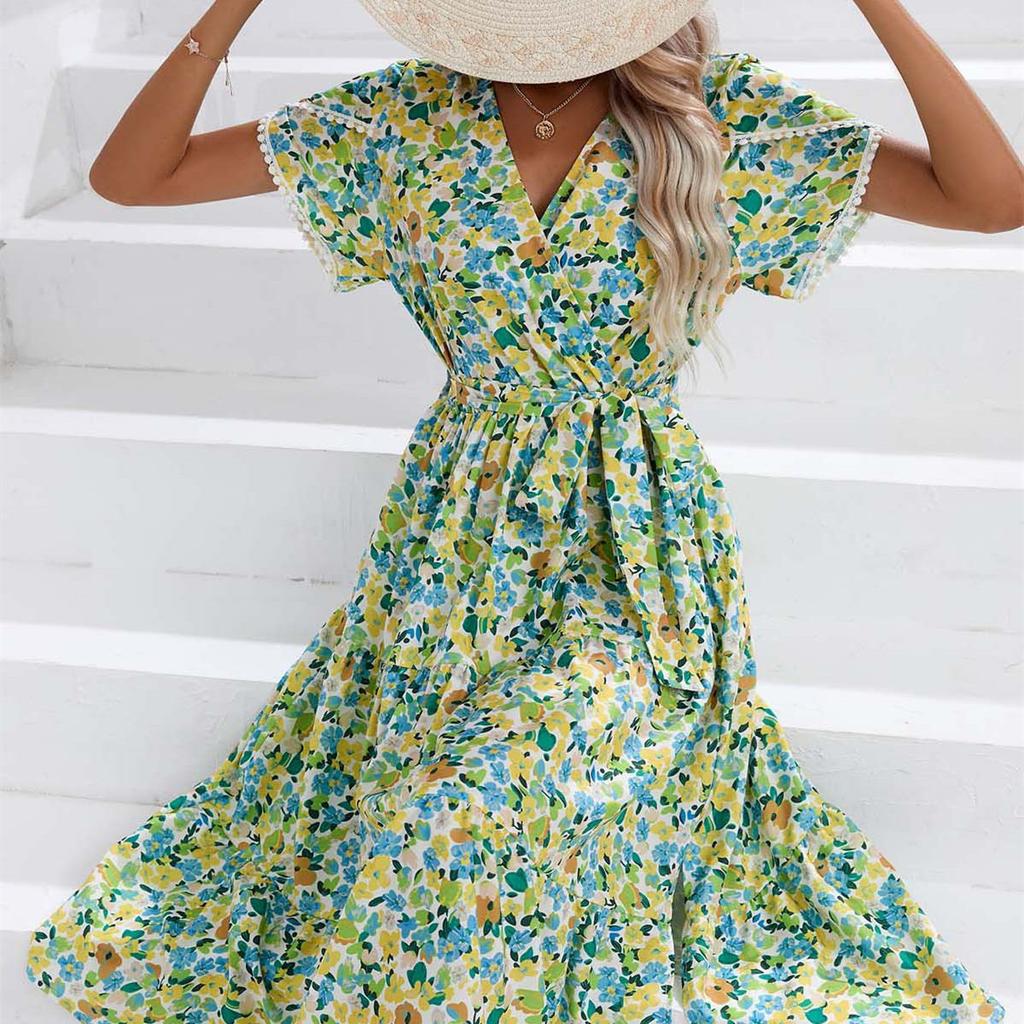 QICED Women's Fashion Summer Spring Floral Print Short Sleeve V-Neck Casual Dresses