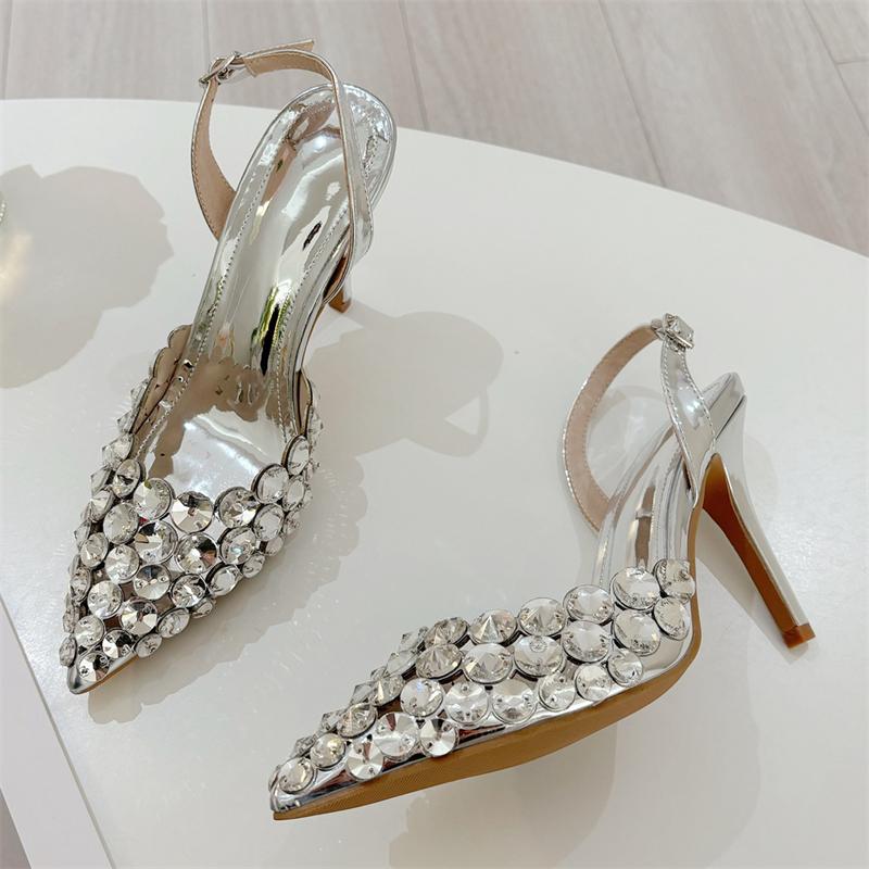 Eilyken Sexy Slingback Pointed Toe Women Pumps Elegant Crystal PVC Transparent Thin High Heels Party Prom Female Shoes