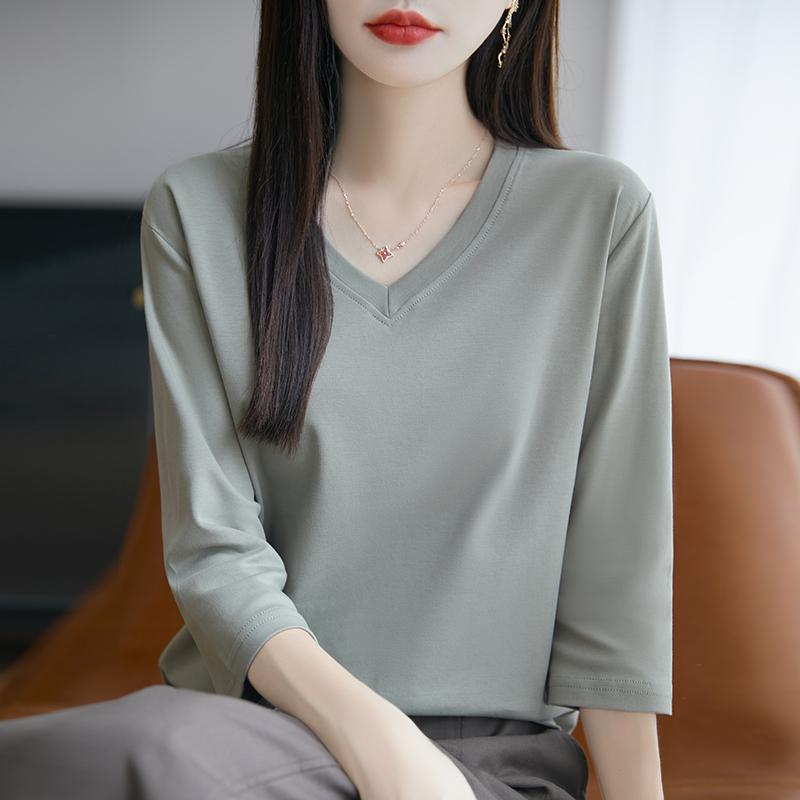 Spring Summer Cotton V-neck T-shirt Short-Sleeved Women's Half-Sleeve Bottoming Shirt High-End Cropped Sleeve Top