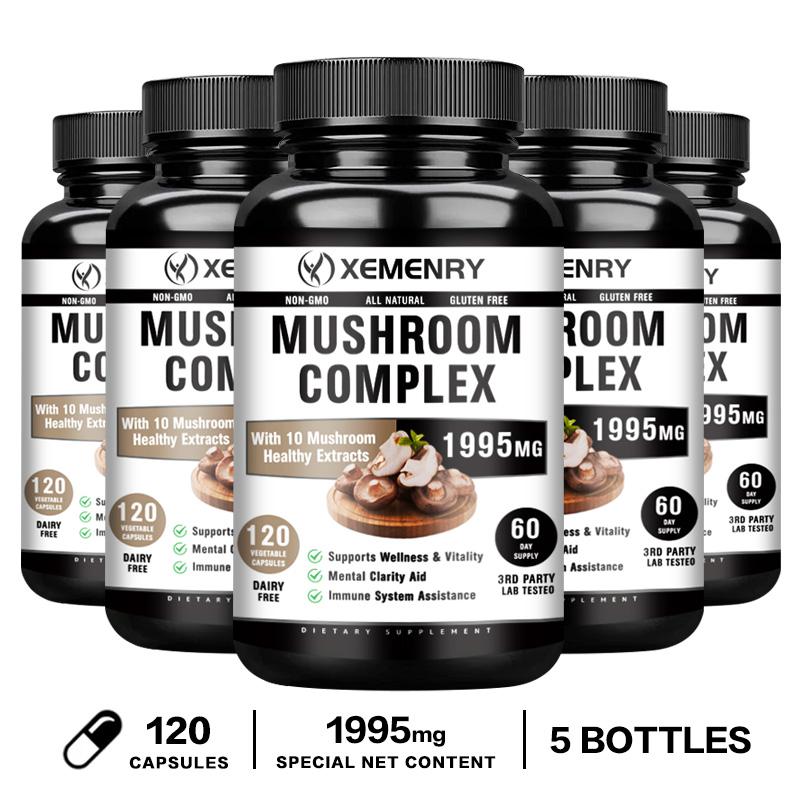 XEMENRY capsules containing 10 kinds of complex mushroom extracts, 1995mg, for immune health, suitable for adults.