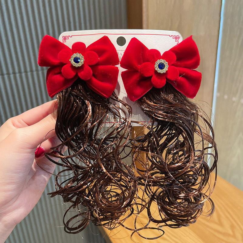 Kids Girl Wig Hair Clip Red New Year Headwear Plush Ball Bow Barrettes Children Hairpins No Harm Baby Headpiece Accessoriess