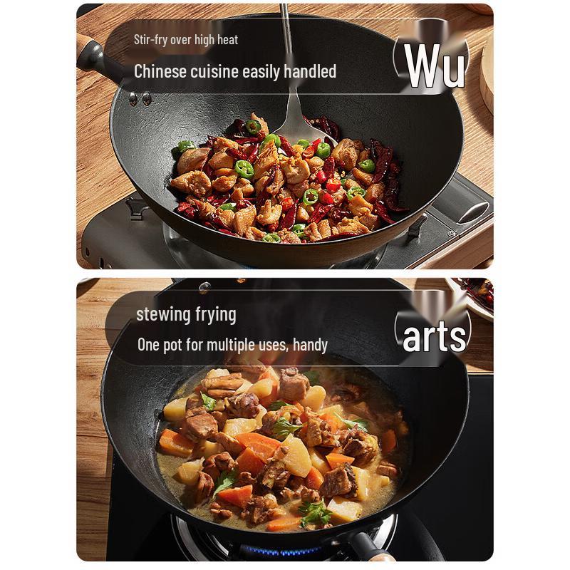 COOKER KING Hand-Cast Non-Coated Cast Iron Flat Wok