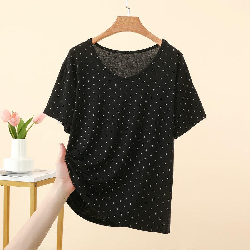 

Summer Women s Modal O-Neck T-shirt Lighweight Polka Dot Short sleeved Tshirts Loose Homewear Tee Tops Comfort Loungewear L чёрный