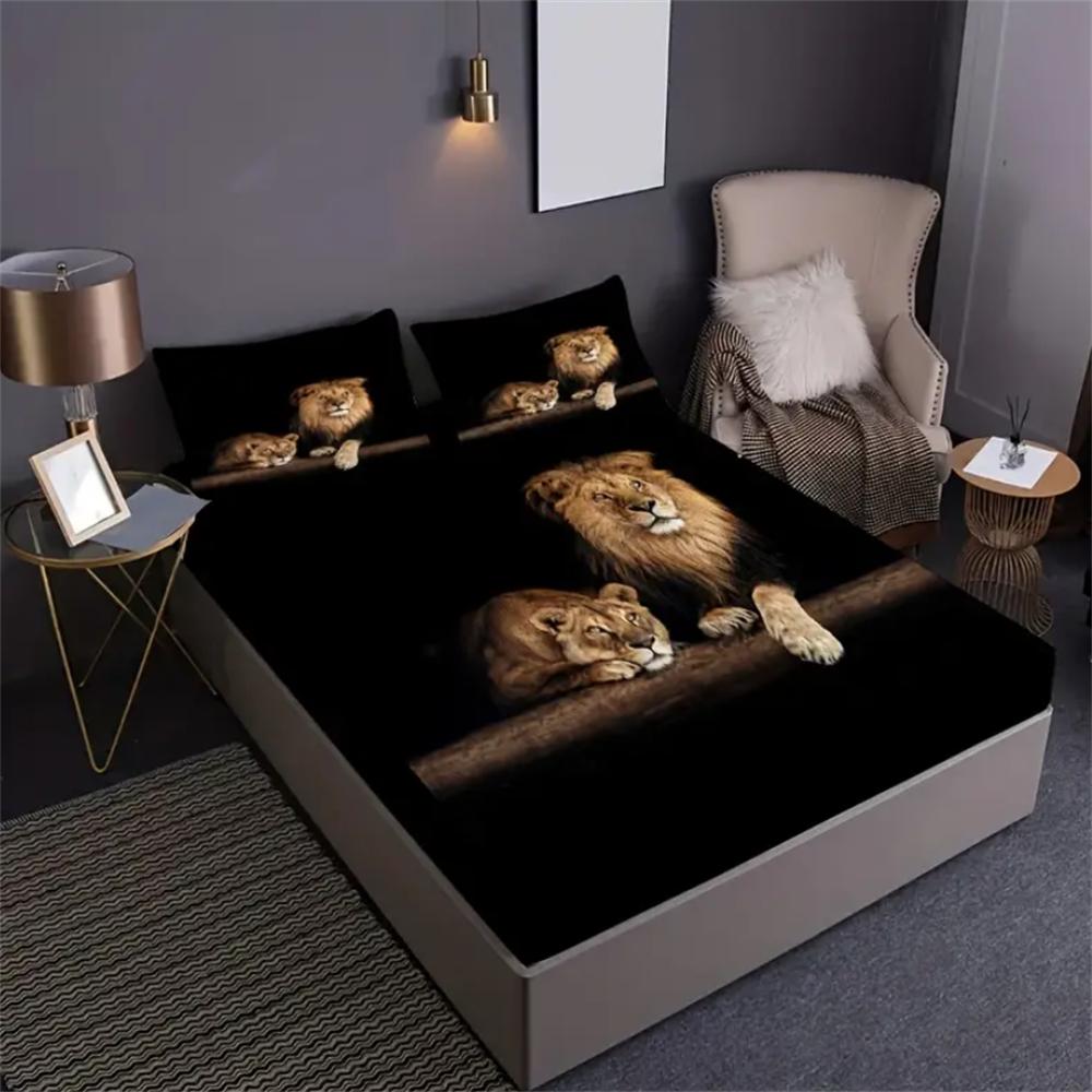 Luxurious Lion-Themed Fitted Sheet Set 2/3pcs - Ultra-Soft Animals Fabric with Deep Pocket - Ideal for Bedroom and Dorm Room