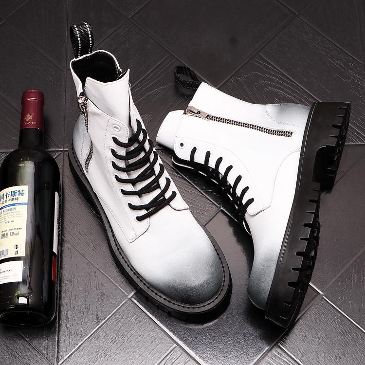 Fashion Men Luxury Fashion Genuine Leather Boots Black White  Designer Shoes Stage Nightclub Motorcycle Boot High Platform Botas