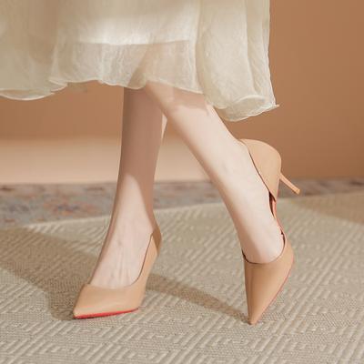 Side Empty Red Sole Nude High Heels Women's Summer New Pointed Patent Leather Sexy Thin Heel French Beautiful Single Shoes