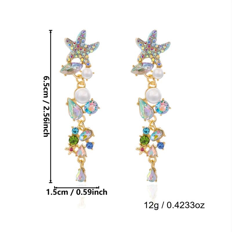 Colorful Zircon Starfish Long Tassel Dangle Earrings for Women Bohemian Coral Shell Earrings Summer Beach Party Jewelry