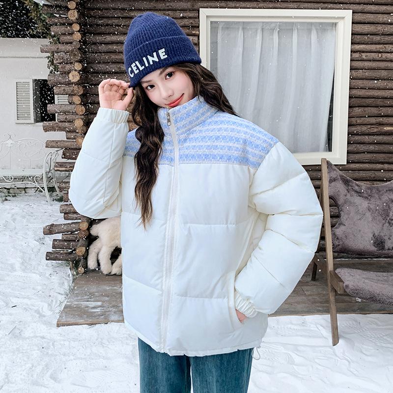 Xiaoxiangfeng splicing stand-up neck cotton coat women's new winter design thickened warm bread clothes cotton coat