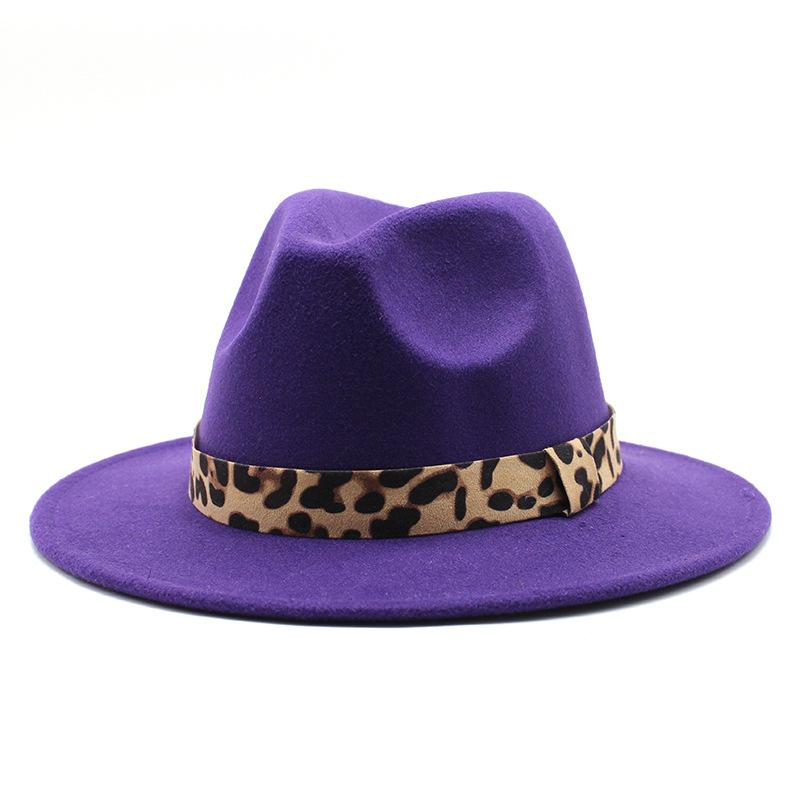 Woolen Top Hat Leopard Print Solid Color Hat Women'S Flat-Brimmed Big-Brimmed Jazz Hat 22 Colors