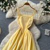 Holiday Style Yellow Suspender Lace Dress Women's Summer Pure Desire Wind Waist Thin High Waist Dress Design Sense