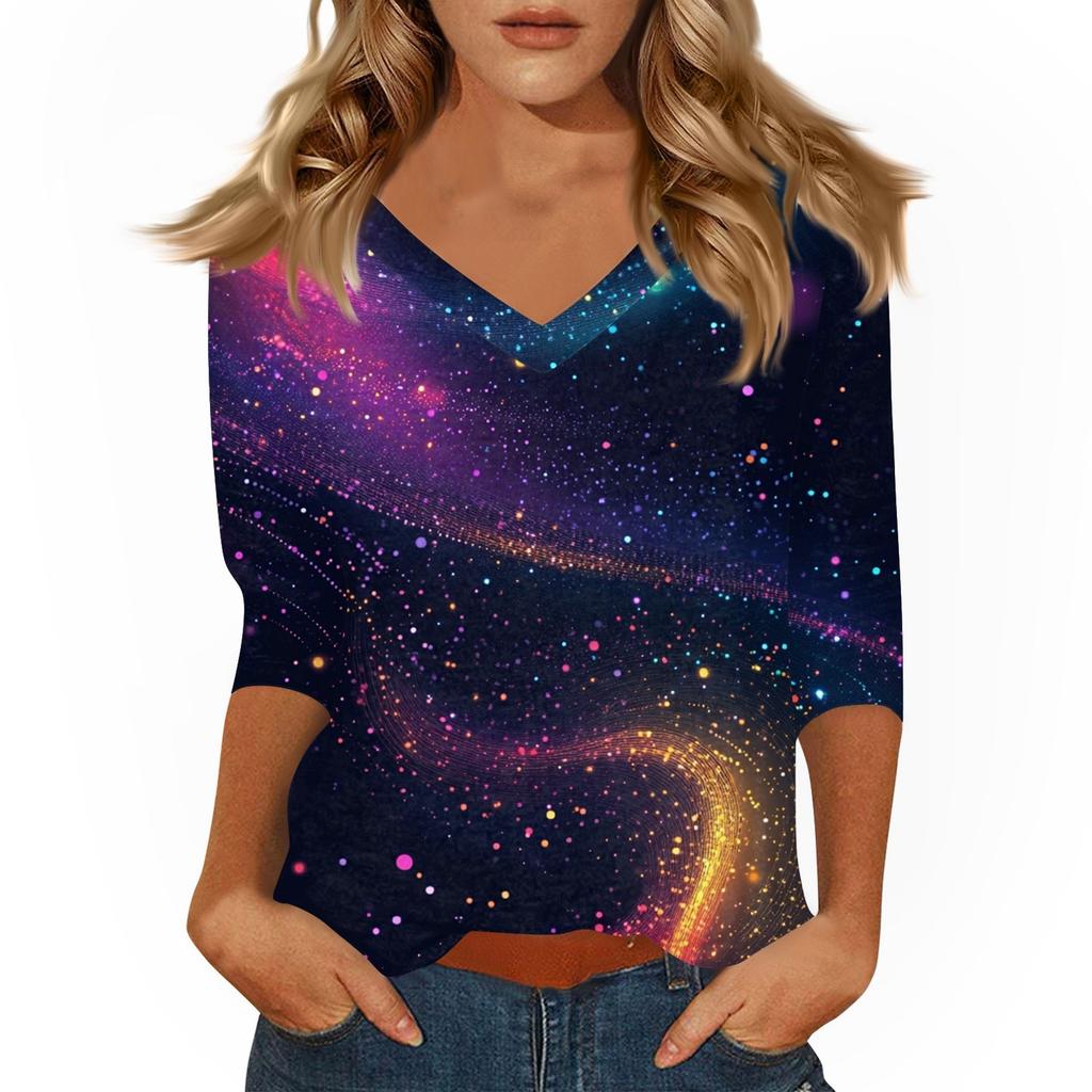 Women's Tops Three-quarter Sleeve Shirt V-neck Loose Casual Shirt Print T-shirt