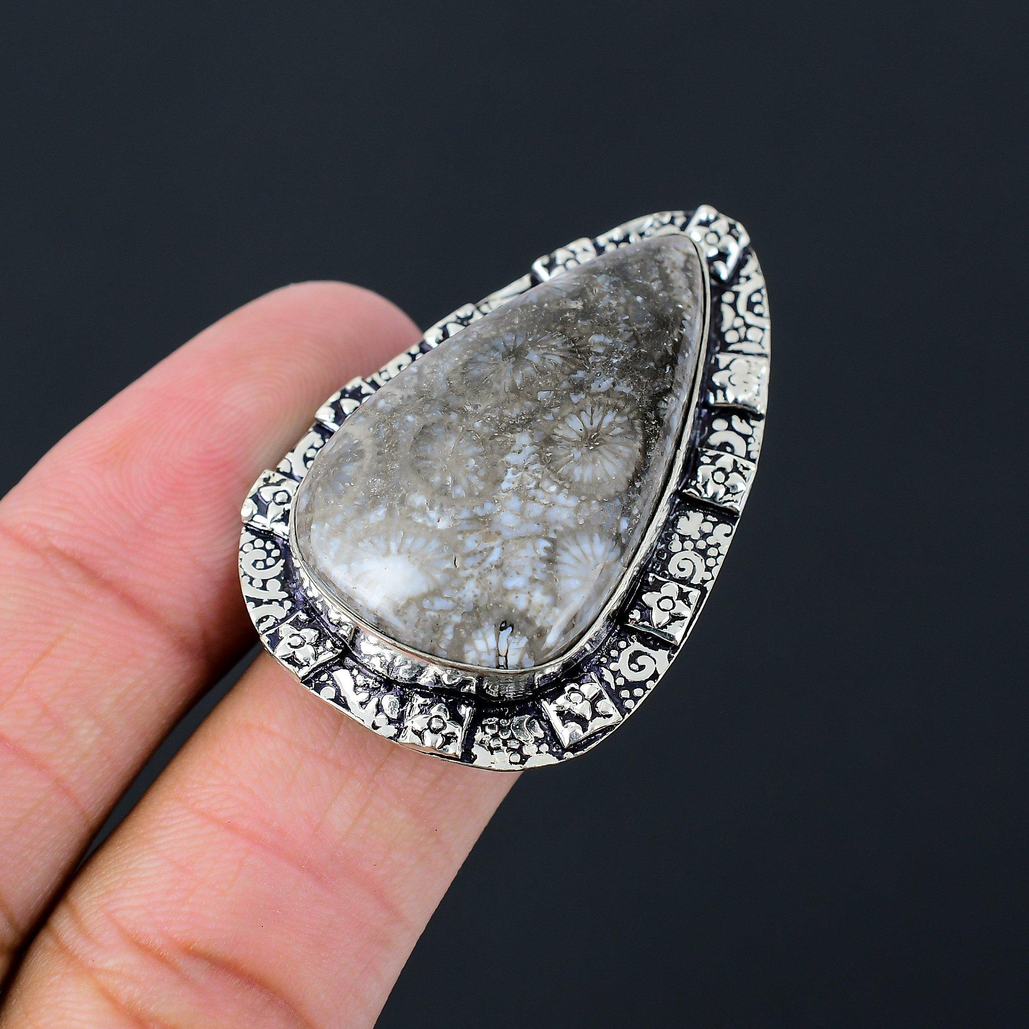 Easter Sale 925 Sterling Silver Fossil Coral Stone Solitaire Unique Ring Jewelry 9