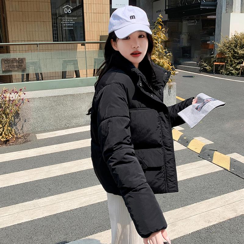Women Autumn Winter Big Pocket Solid Color Thicken Outwear Cotton Padded Stand Collar Warm Short Jacket Coat