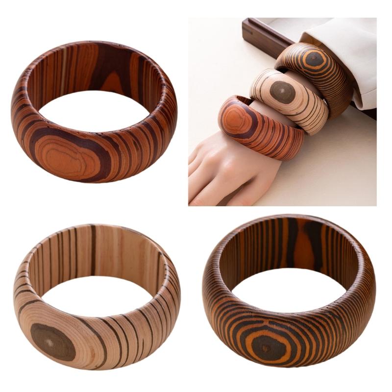 Vintage Ornate Carved Wooden Bangle Bracelet Artistic Wide Cuff For Women Elegant Natural Wood Jewelry Accessory