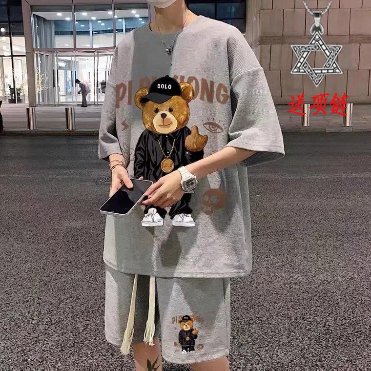 Korean Fashion Streetwear Hip Hop Rock Casual Short Suit Funny Bear Tshirts Shorts 2 Piece Set Summer Tracksuit Clothes For Men