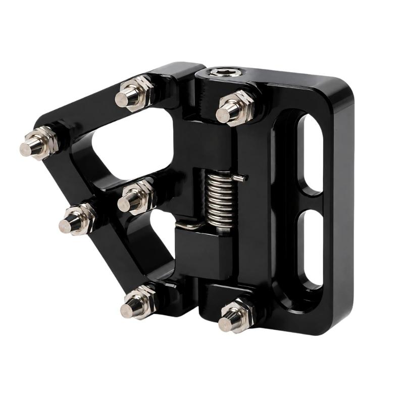 Metal-Pin Motorcycle Brake Toe Tip with Pivoting Spring Hinge, Aluminum Body, and an Elongated Slotted Attachment Section