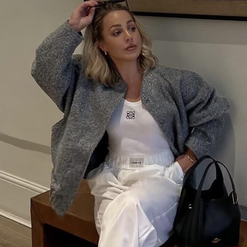 2023 Módní minimalistický vlněný kabát s dlouhým rukávem a kapsami pro podzim a zimu