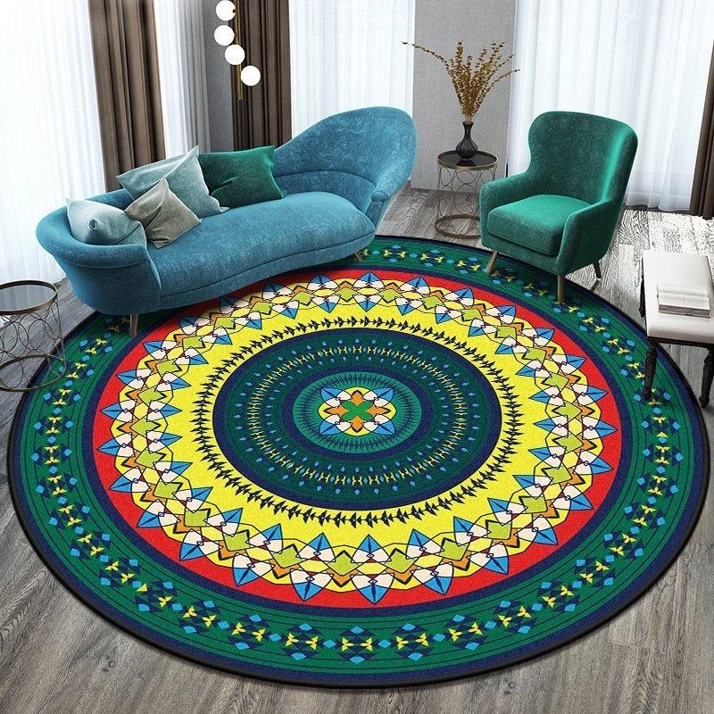 Round Area Rug With Mandala Style Geometric Floral Patterns In Vibrant Colors Boho Chic Style Soft Durable Floor Decor