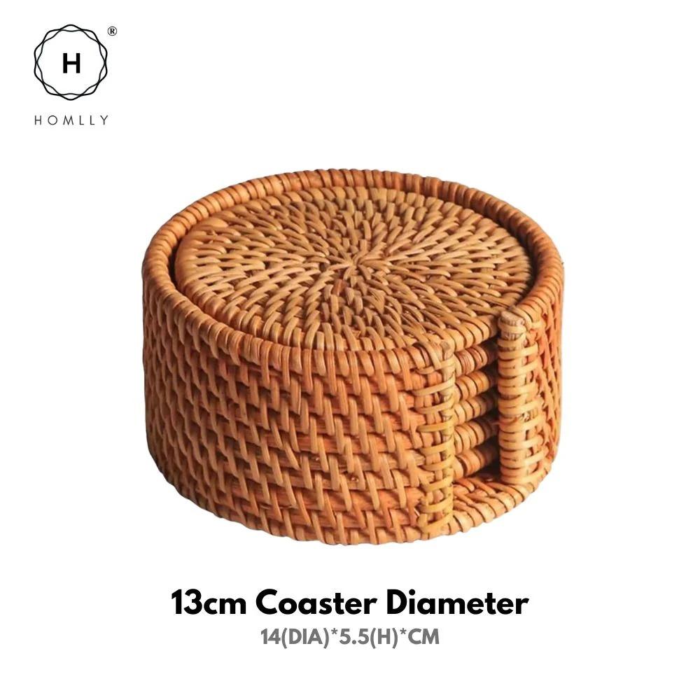 Homlly Basic 100% Natural eco-friendly Hand Made Rattan Coaster Set (6pcs) with Coaster Box
