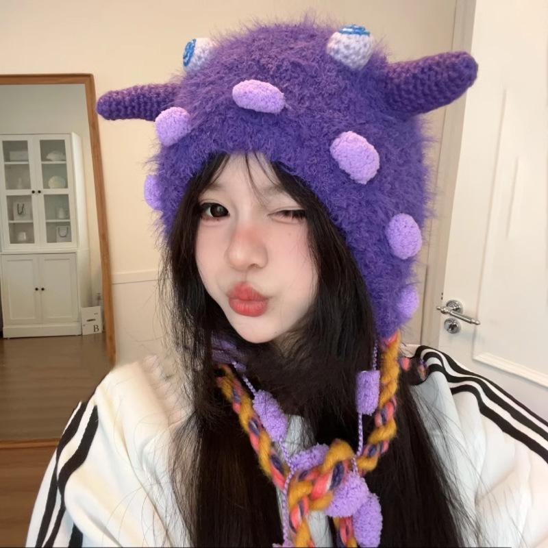 

Осень и зима конфетный монстр милая ручной работы вязаная шапка плюшевая игривая забавная маленький монстр шерстяная шапка осень и зима теплая шапка one size fits all фиолетовый