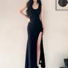 Rochie Sexy Neagră cu Bretă Dulce Picantă Fată Copii Vară Subțire Decupat Decupat Șold Îmbrăcat Inimă Mașină Vestă Rochie Lungă