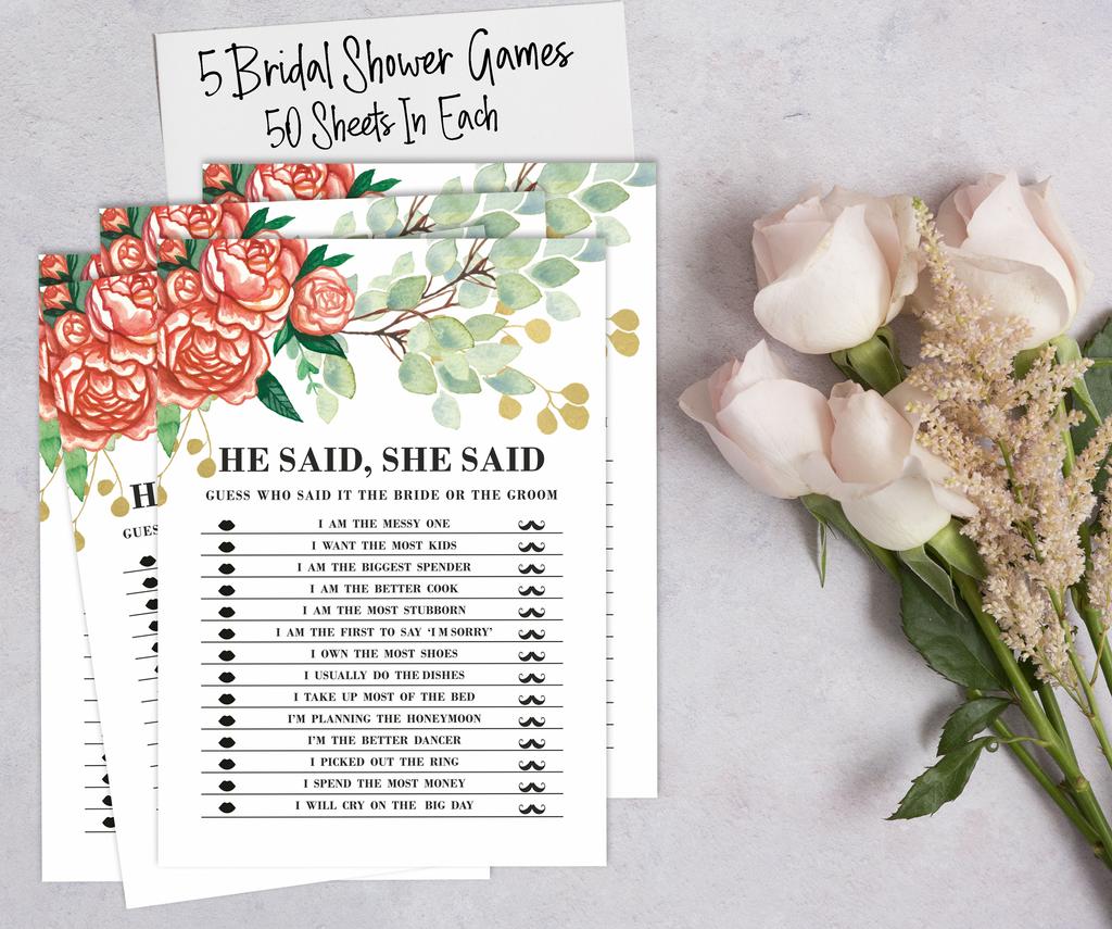 Inkdotpot Floral Theme Bachelorette Party Games Set Bundle of 5 (Activities for 50 Guest) Fun Bridal Shower Games Set