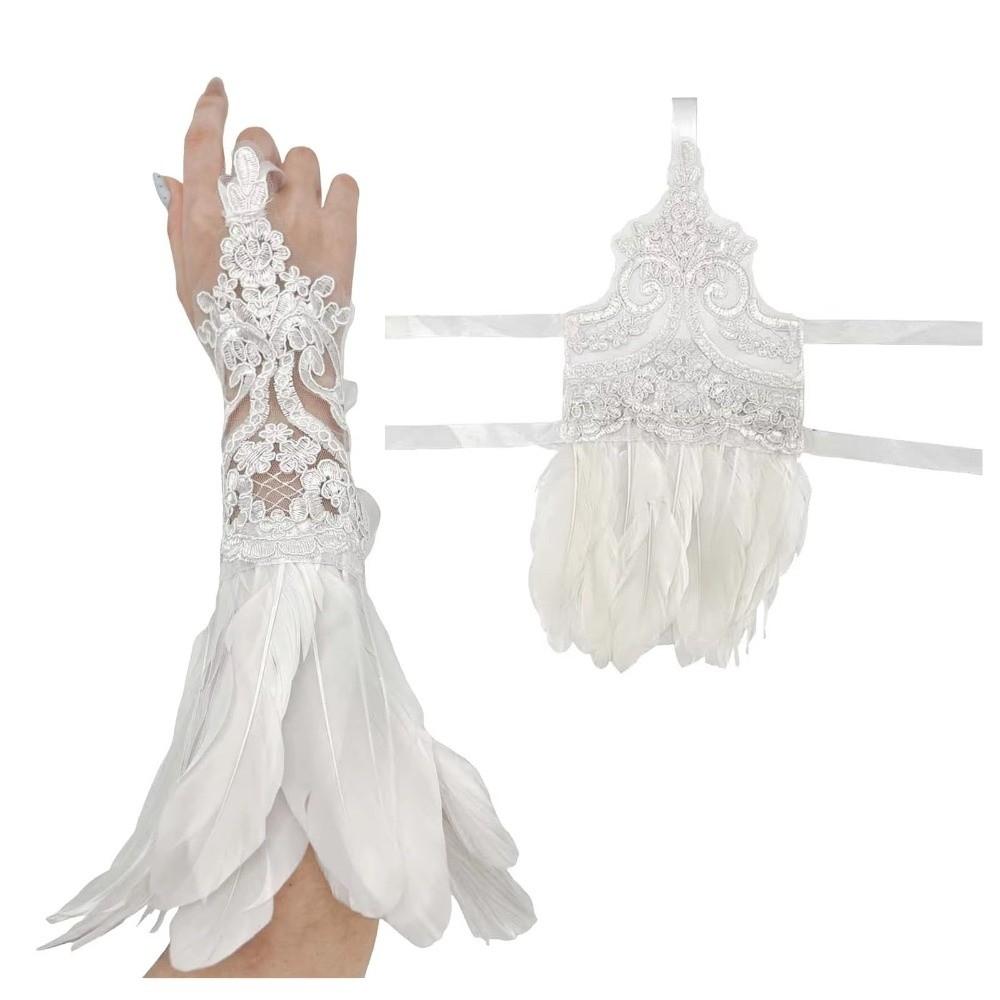 Embroidery Halloween Feather Gloves Witch Women Feather Lace Gloves Carnival