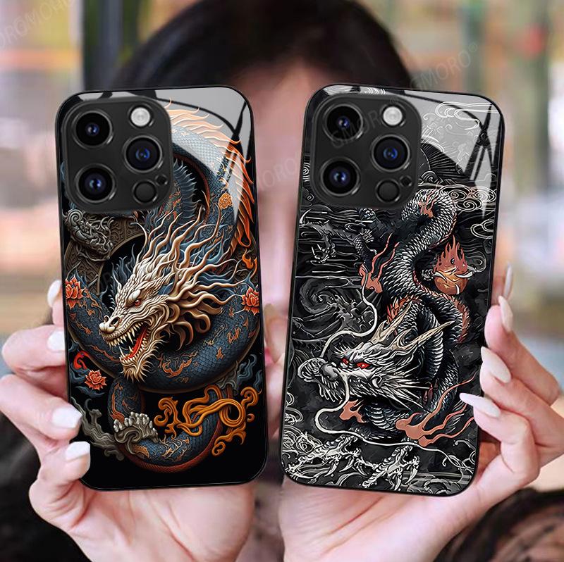 China Dragon mobile phone case Apple 16 Guochao Pixiu 14promax13 glass case iphone15 for men